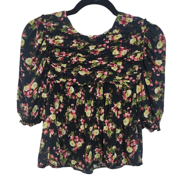 ZARA NWT Navy Floral Design buttons on back Puff Sleeves Top XS - Picture 2 of 9